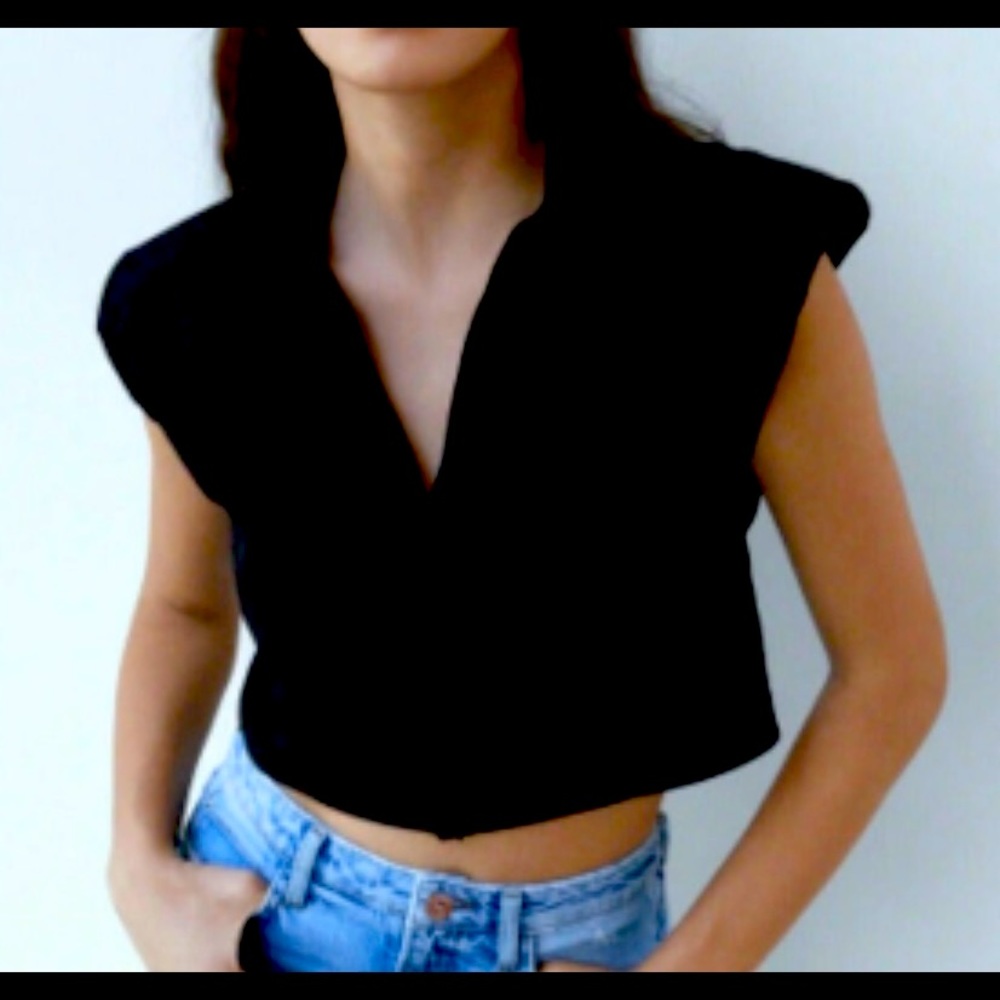 New Zara Women's Sleeveless Poplin Shirt Top Shoulder Pads Collared Black Size L